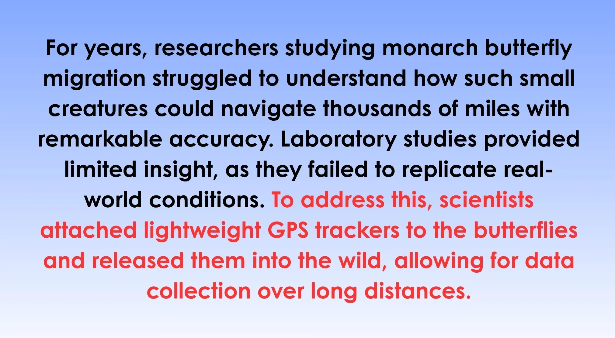 SAT Exam Trivia: Text excerpt about monarch butterfly migration studies, with a highlighted sentence explaining GPS tracker use.