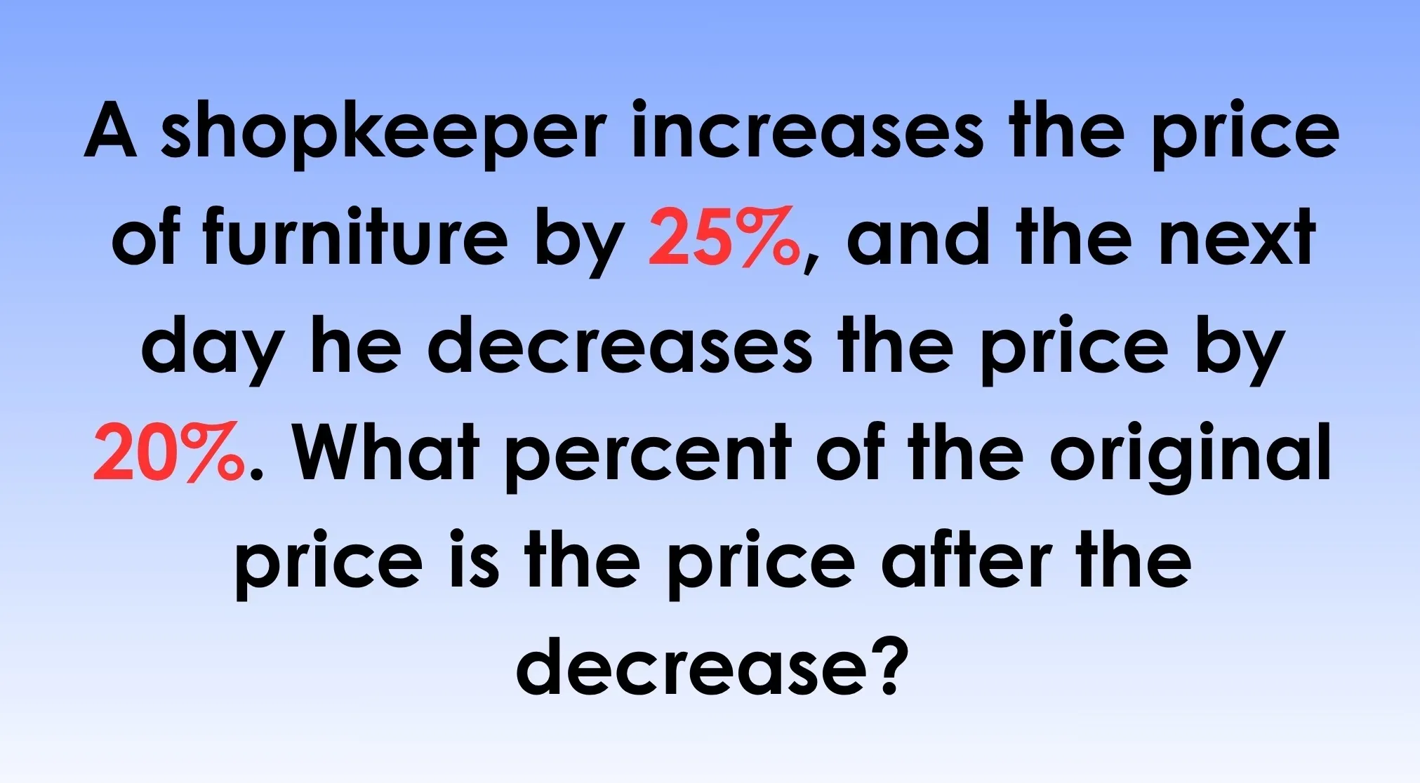 A SAT Exam trivia question: a shopkeeper increases price by 25%, then decreases by 20%. What percent of original?