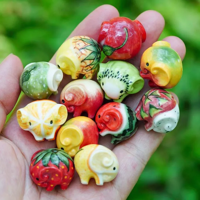 A Handful Of Super Tiny Ceramic Fruit Elephants That I Have Been Working On Recently
