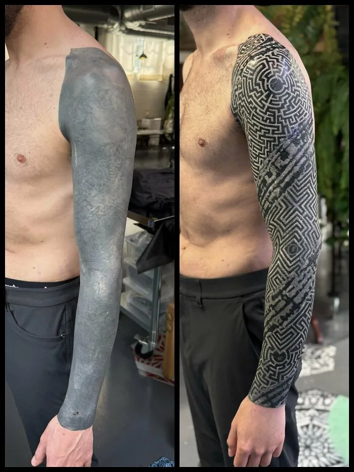 A man's arm with a faded dark tattoo is now a detailed geometric pattern, an incredible tattoo cover-up transformation.