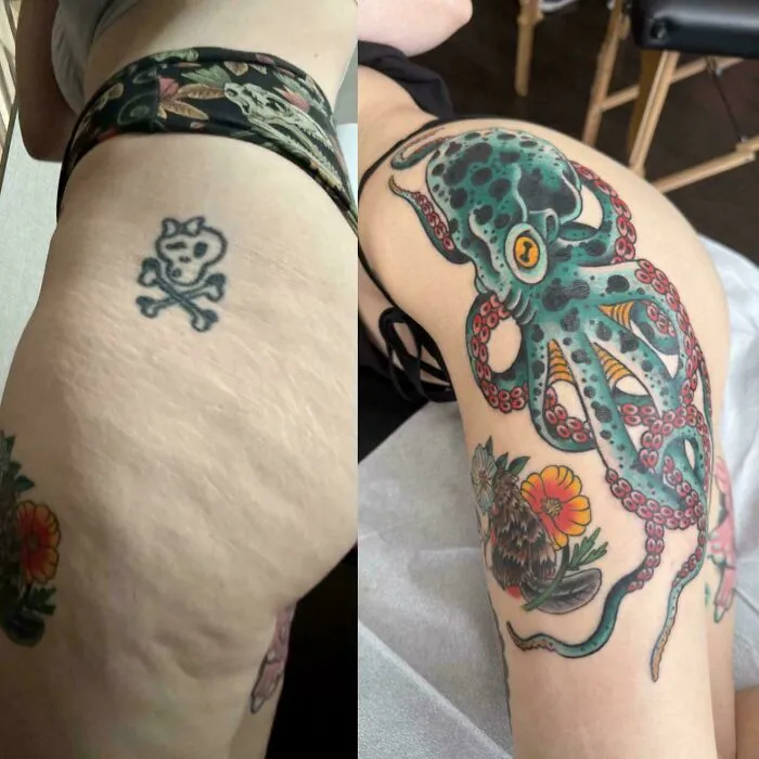 An old skull and crossbones tattoo is transformed into a vibrant blue octopus and floral design, an incredible tattoo cover-up.