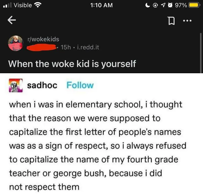 A Reddit post about people lying, where a user recounts their childhood refusal to capitalize names due to lack of respect.