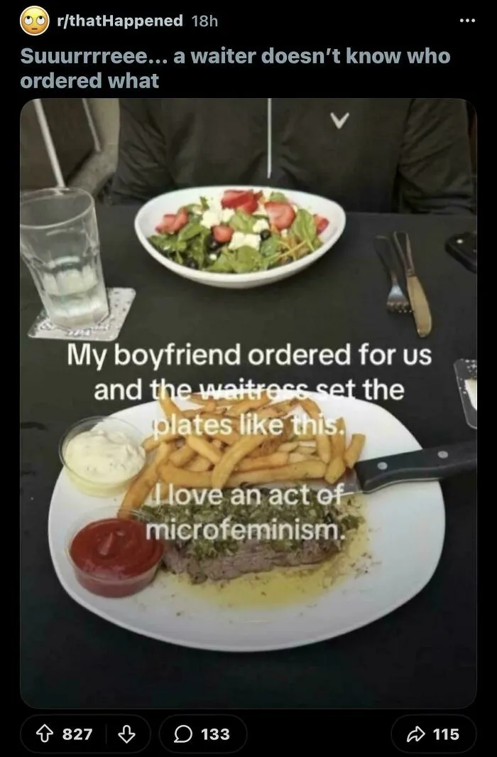 A plate of steak and fries with a salad in the background, showing people called out for lying.