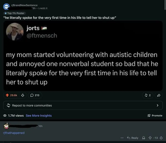 A Reddit post from r/BrandNewSentence featuring a story about an autistic child speaking for the first time, called out as a lie.
