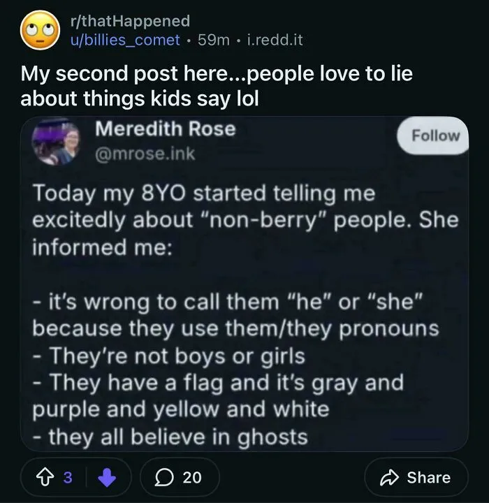 A Reddit post from r/thatHappened, showcasing a tweet where a parent exaggerated their 8-year-old's insightful comments, called out for lying.