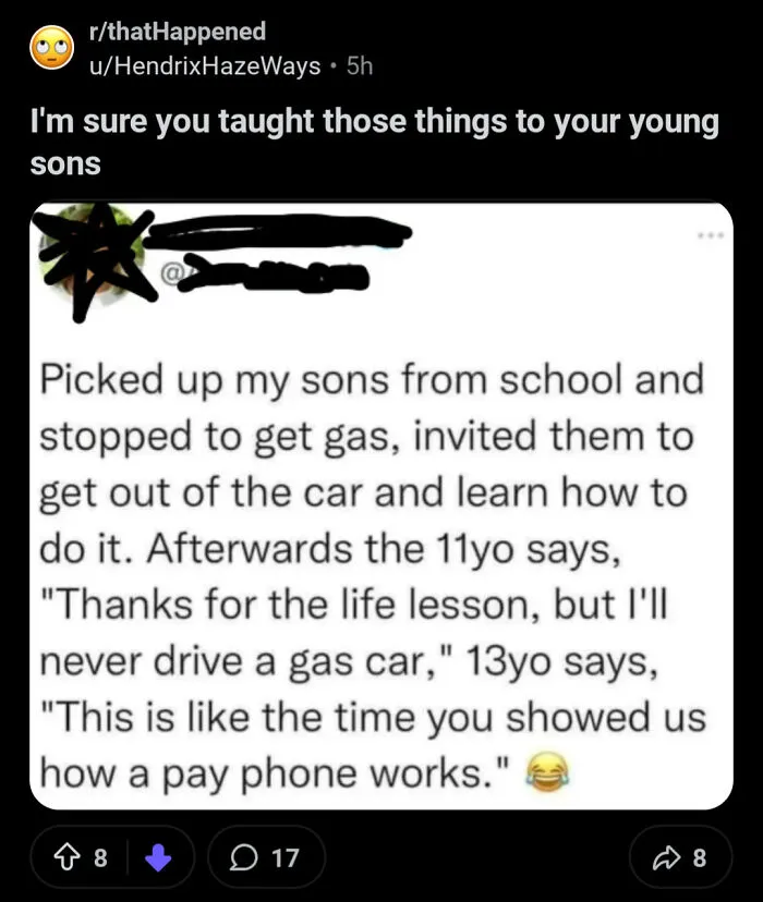 A social media post where a user calls out someone for lying about sons' reactions to learning about gas cars.