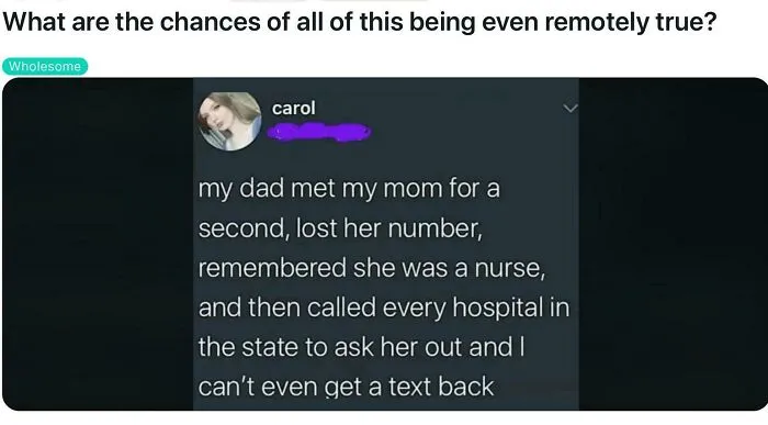 A social media post where a user questions the truthfulness of a story about a dad finding a mom.