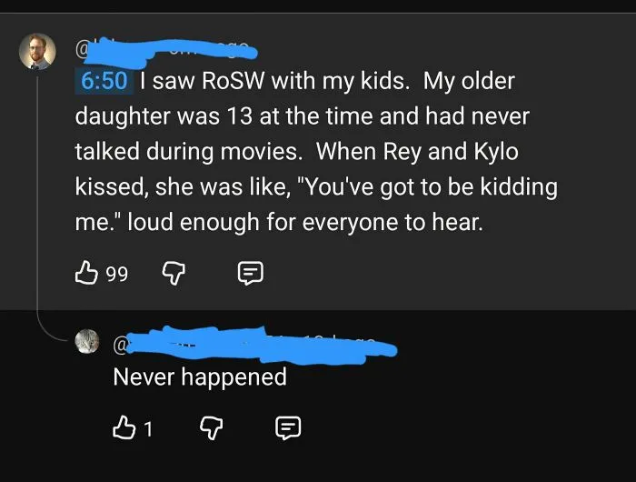 A social media comment section where a user calls out another for lying about a daughter's reaction.