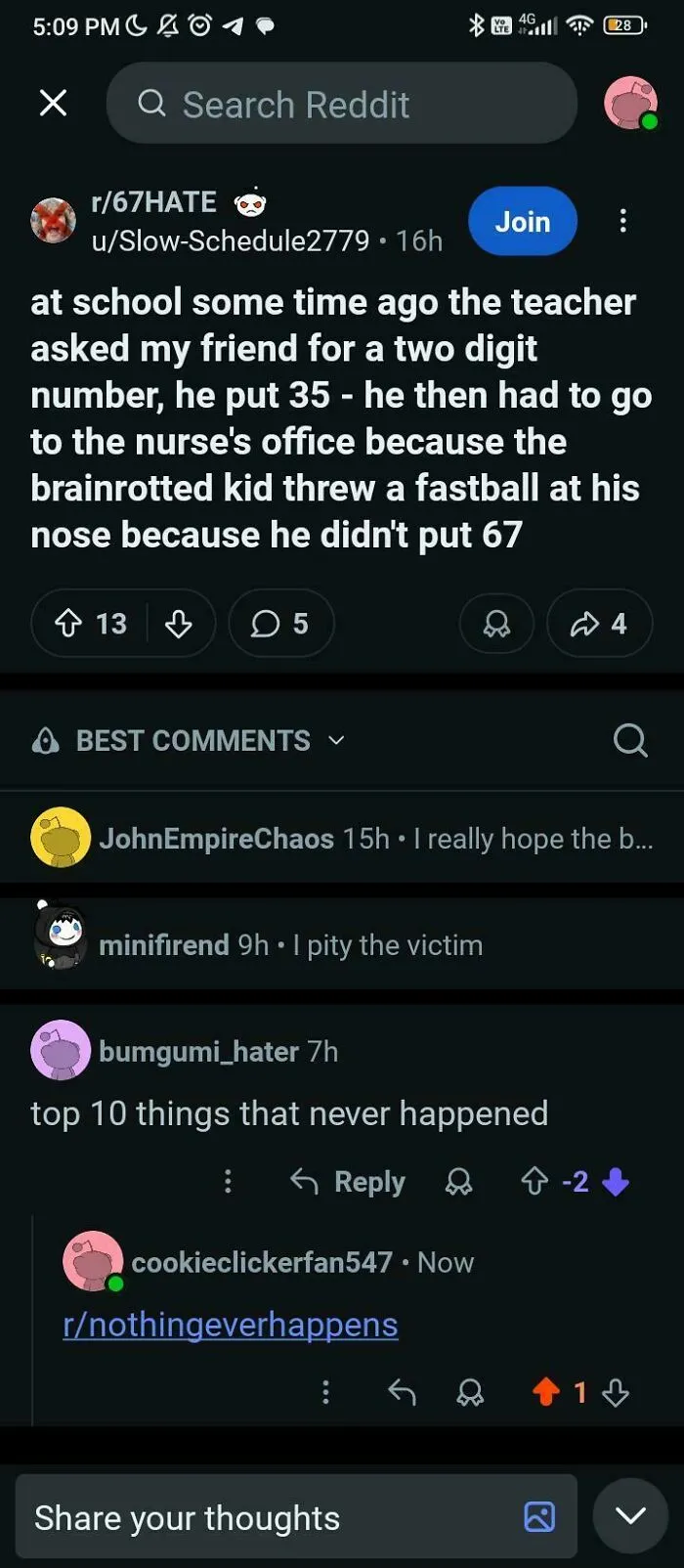 People called out for lying: A Reddit post about a teacher asking for a two-digit number, with a comment saying 'top 10 things that never happened'.