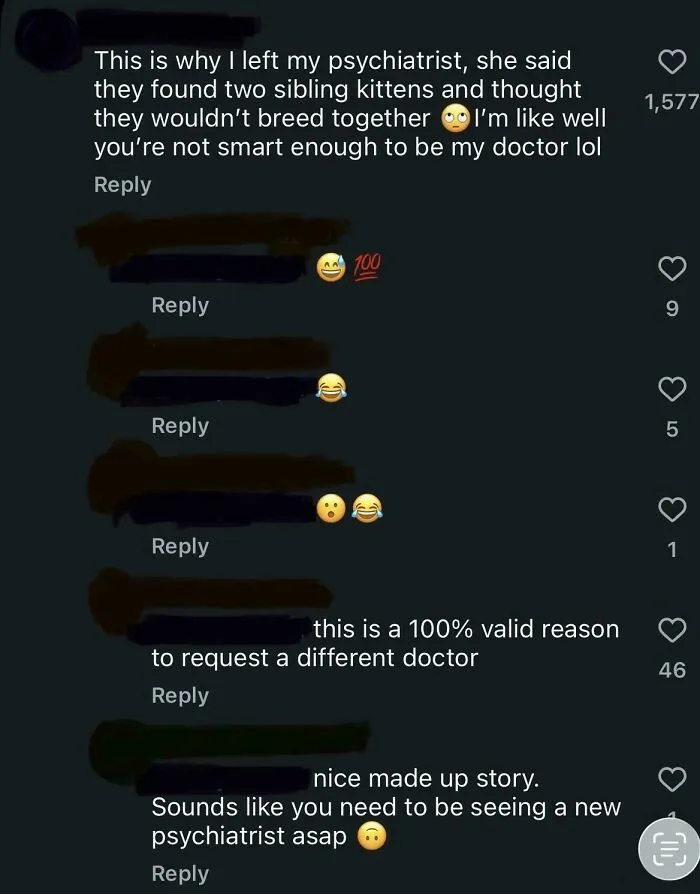 A Reddit comment thread where people call out someone for lying about their psychiatrist's advice on kittens.