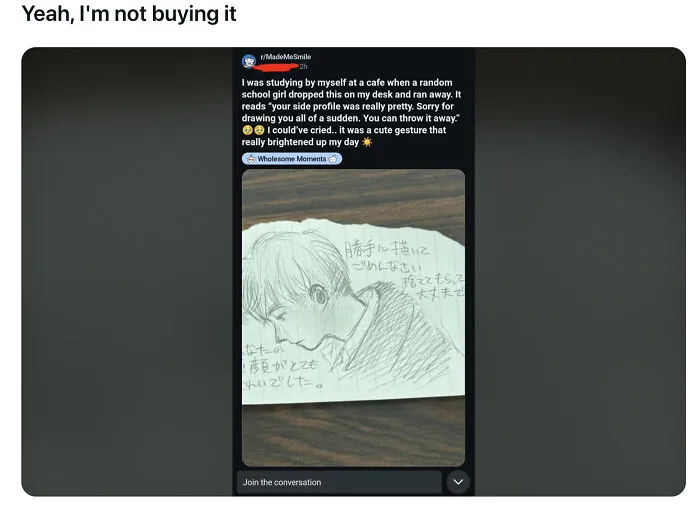 People called out others for lying in a Reddit post about a random drawing left on a table, highlighting skepticism.