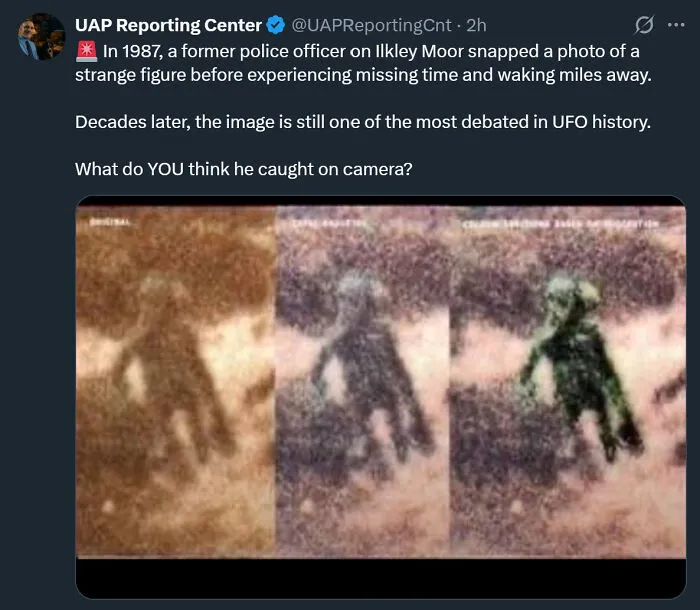 Ilkley Moor Alien Picture Taken By British Police Officer & Saw UFO In 1987