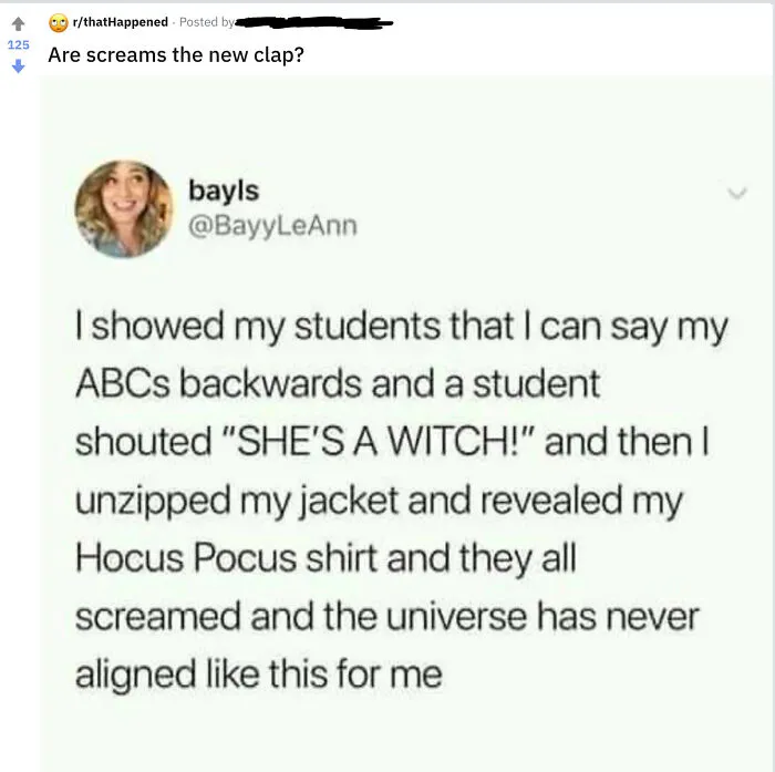 A screenshot of a social media post where a user claims students reacted dramatically to a Hocus Pocus shirt, called out for lying.