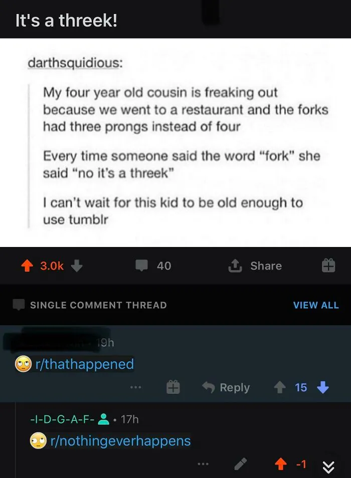 A Reddit post about people called out for lying. A child calls a three-pronged fork a 'threek.'
