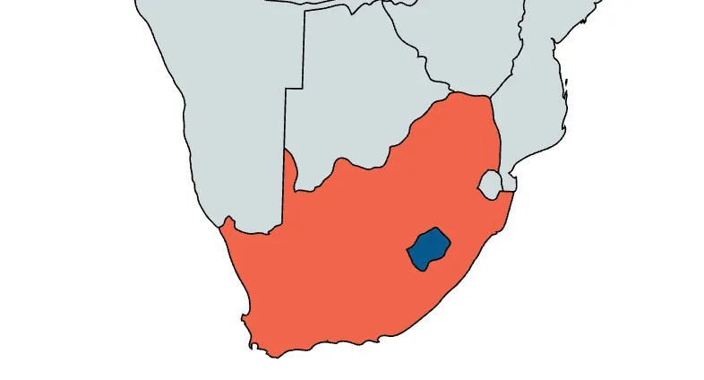 A map highlighting Lesotho, the African nation entirely landlocked and surrounded by South Africa.