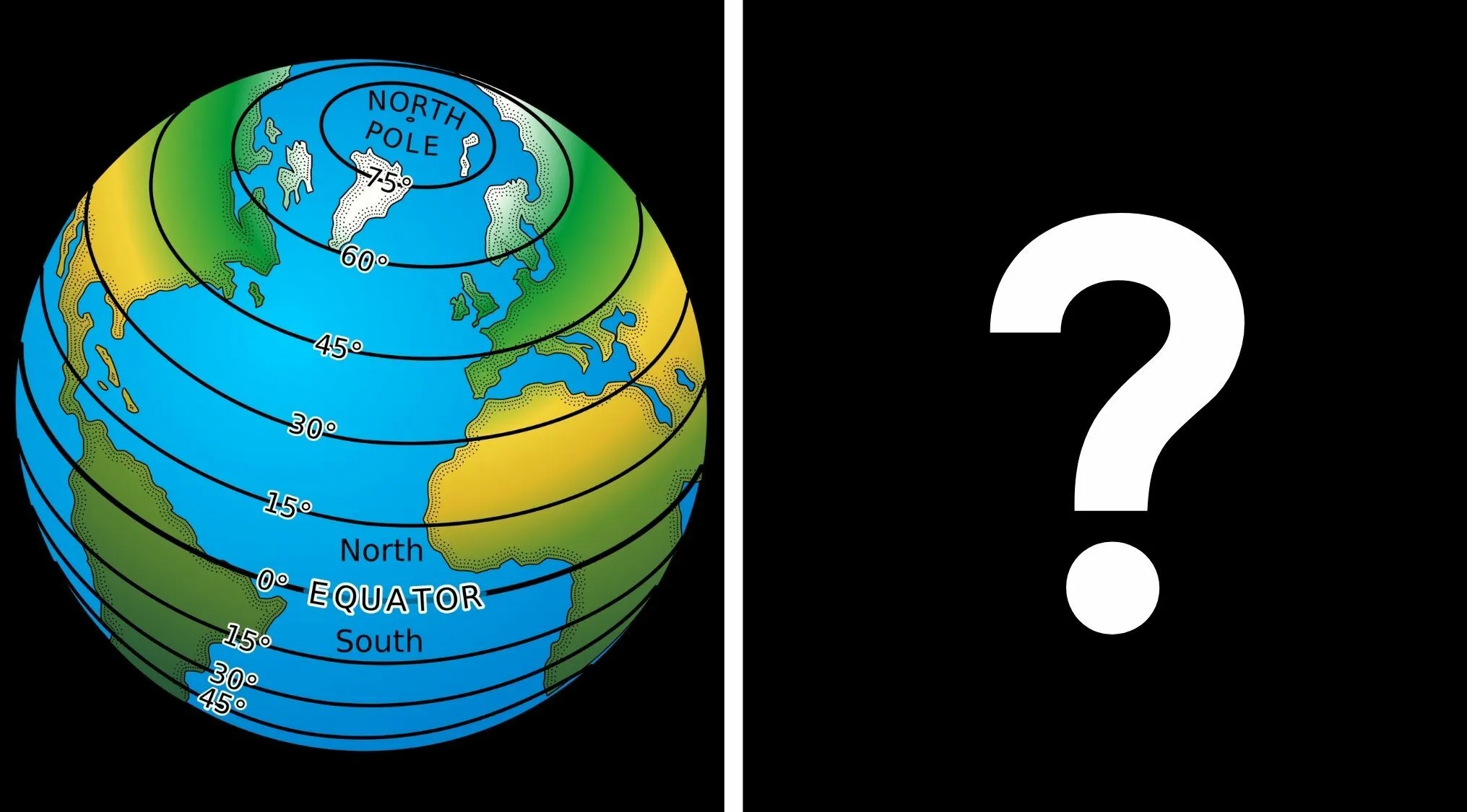 A globe showing lines of latitude, with a question mark on a black background, for geography school questions.
