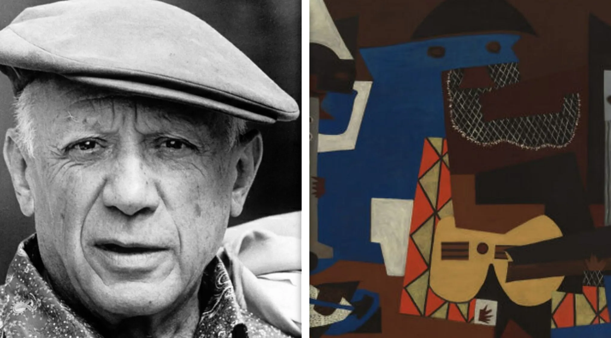 Pablo Picasso and a Cubist artwork featuring geometric, abstract shapes from the modern art movement.