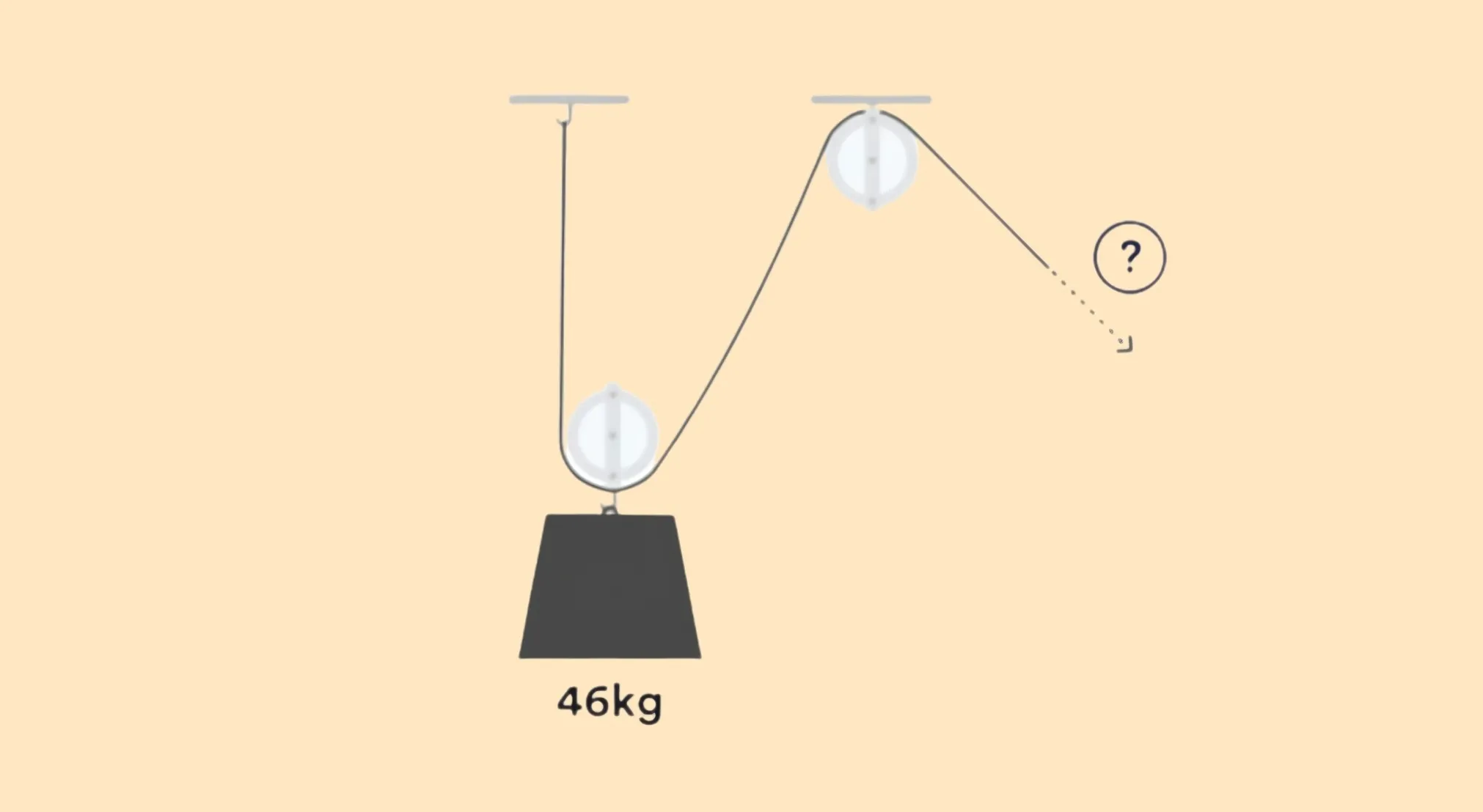 Diagram showing a 46kg weight connected to a pulley system, with a question mark indicating the force required to lift the weight.
