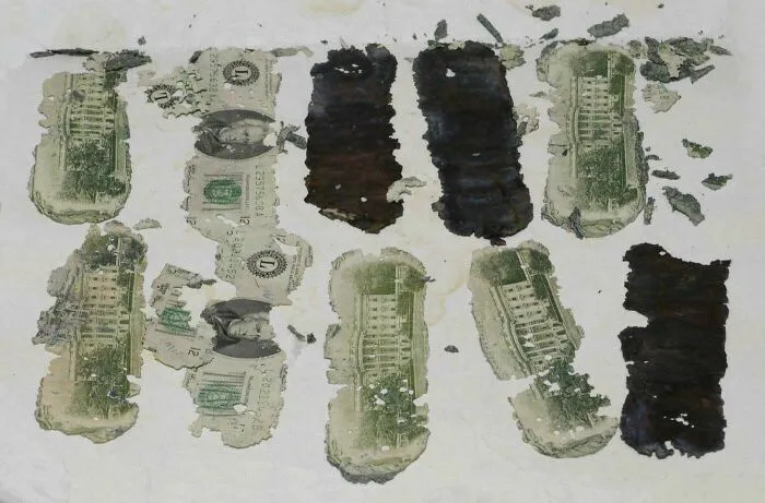 Beautifully preserved historical photo of torn and waterlogged dollar bills, possibly recovered from a disaster.