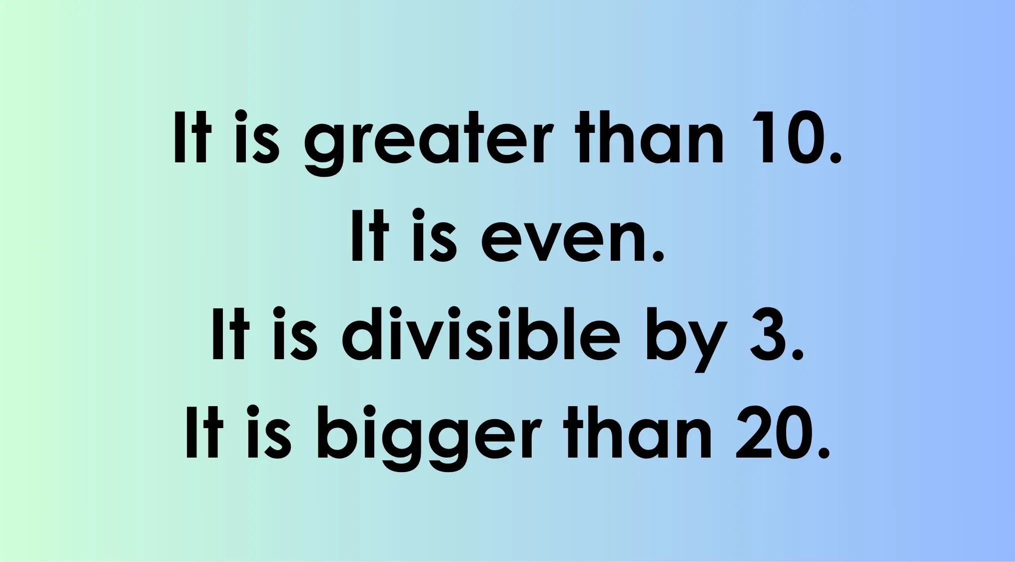 Text displays statements about a mystery number for the One Percent Club Test question: greater than 10, even, divisible by 3, bigger than 20.