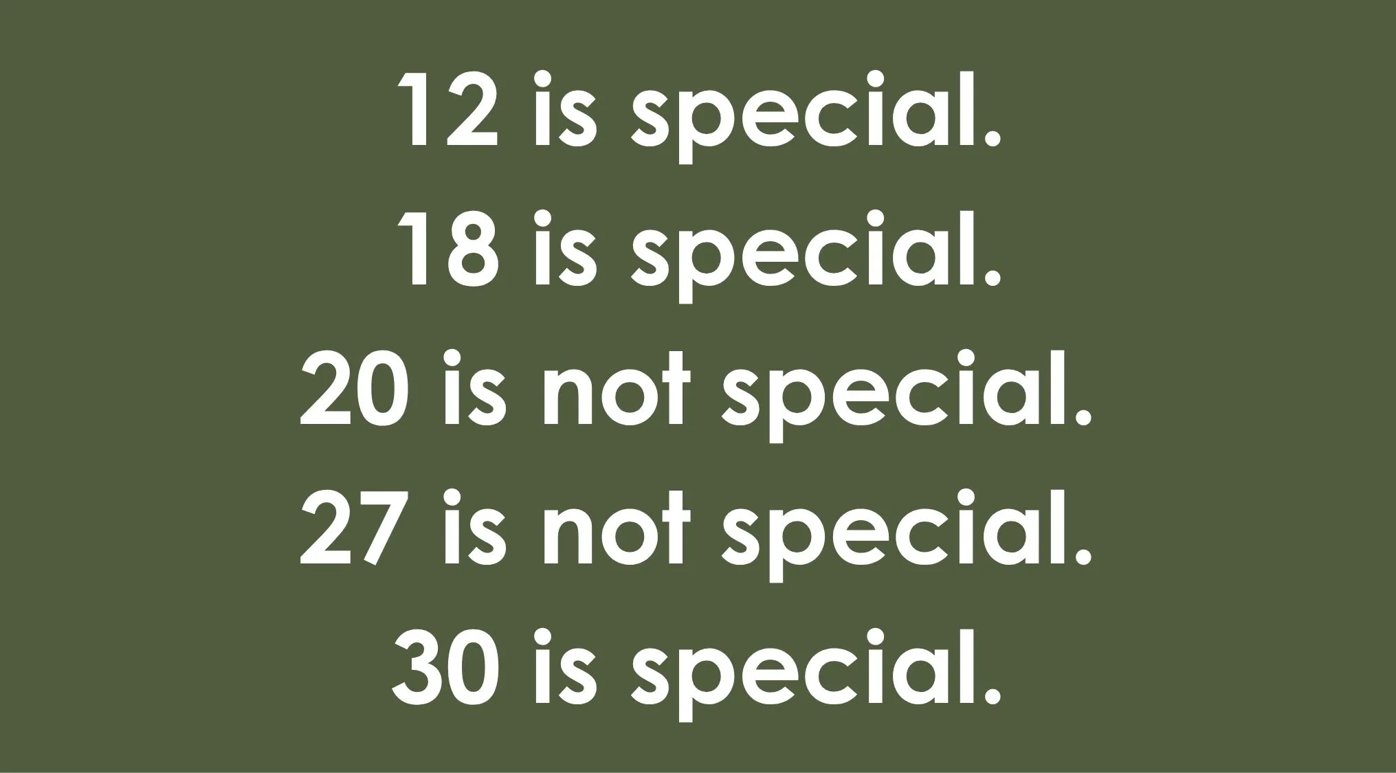 White text on a dark green background listing numbers and their 'special' status. This image is for the One Percent Club Test question about a secret rule.
