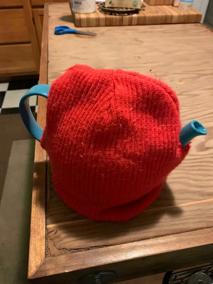 When You Don’t Have Time To Learn How To Knit But You Want Your Tea To Stay Warm - Yes I Cut A Holes In A Beanie
