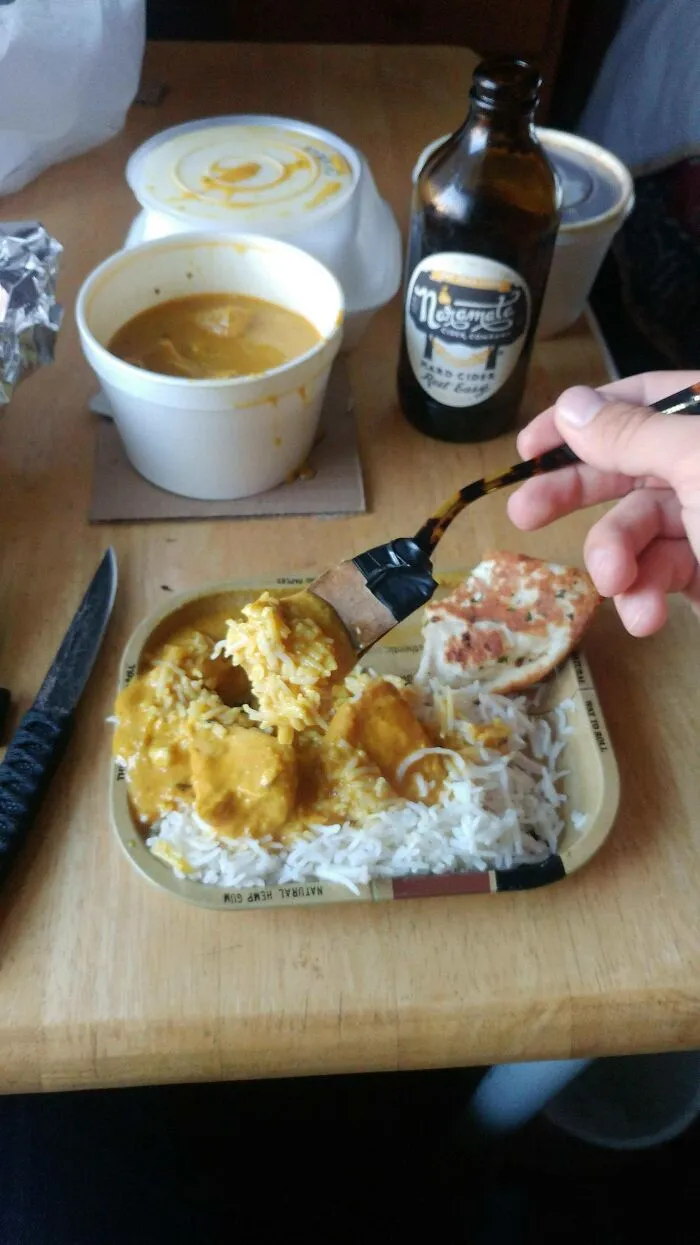 Indian Restaurant Didnt Give Me Utensils, I Had A Rolling Plate, A Broken Eyeglass Arm Cardboard And Electrical Tape, Improvise, Adapt, Overcome