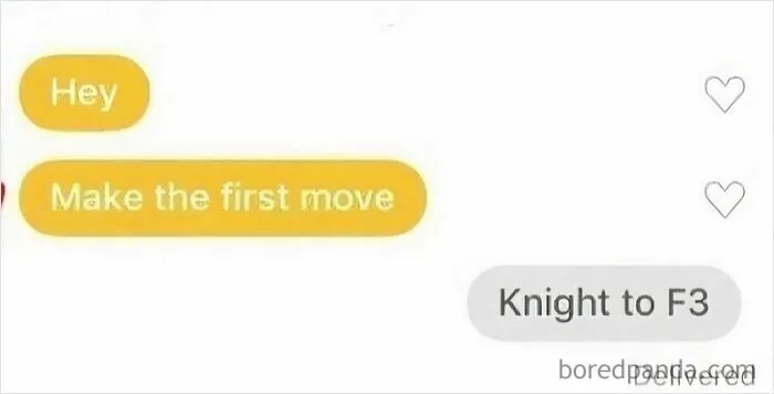 A humorous text exchange where one person asks another to make the first move, and they respond with a chess move.
