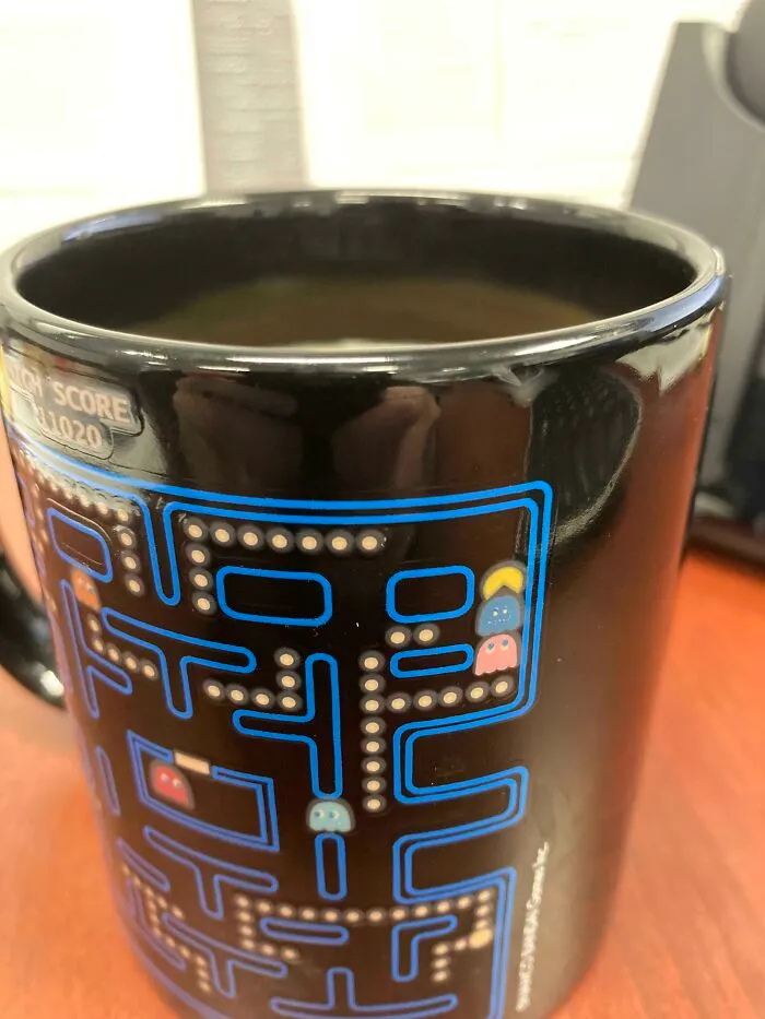 Pac-Man On My Temperature Activated Cup Is In A Position He Couldn’t Possibly Be In During A Game