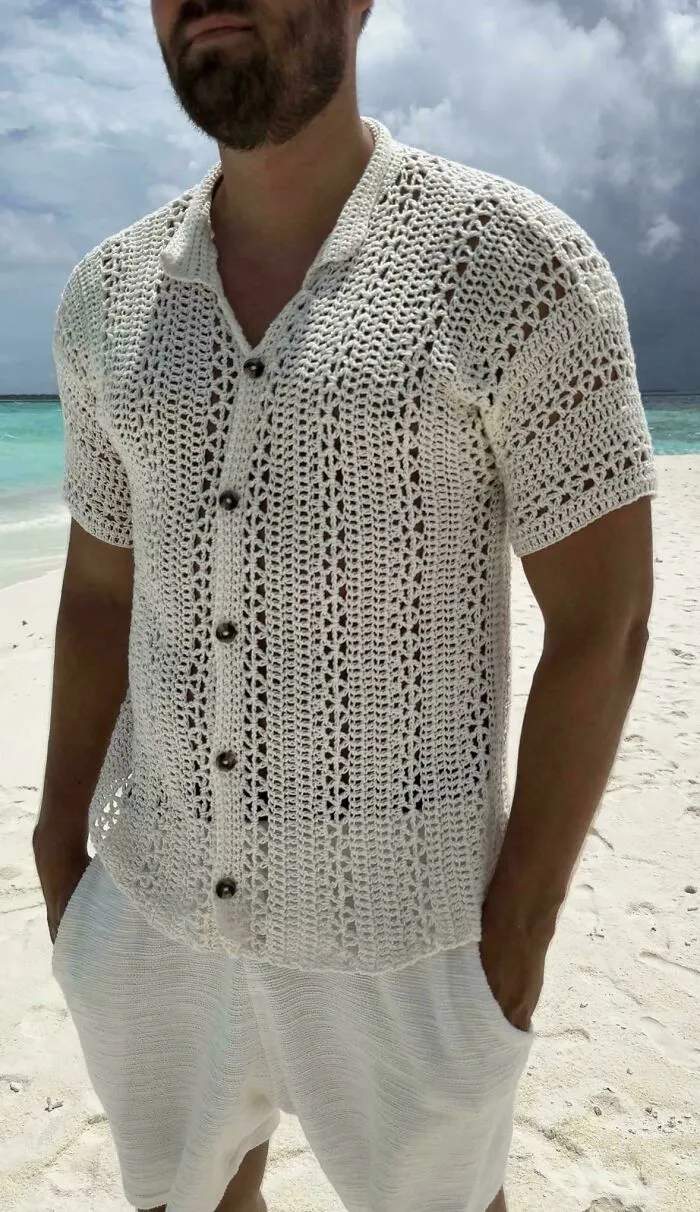 Men's white crochet shirt perfect for summer beachwear
