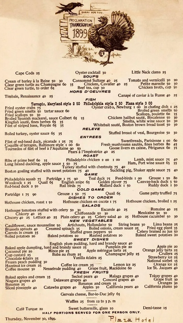 Thanksgiving Menu At Plaza Hotel NYC, 1899