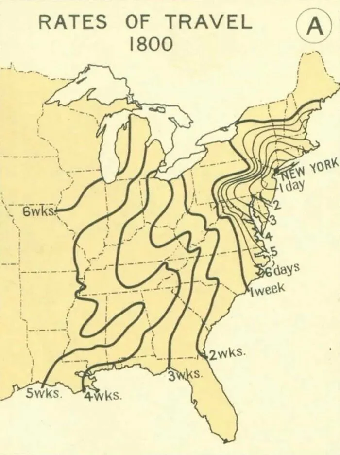 A map illustrating the rates of travel in 1800 across the USA, a fascinating photo from American history.