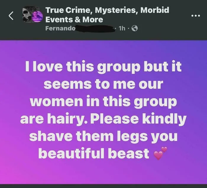 Guy Shares His Unsolicited Opinion On Women's Body Hair In A True Crime Discussion Group