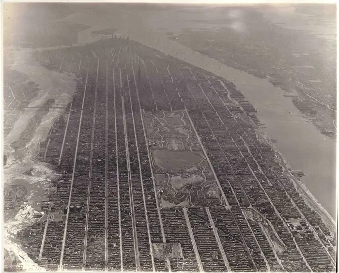 An aerial view of New York City and Central Park, a rare American history photo.