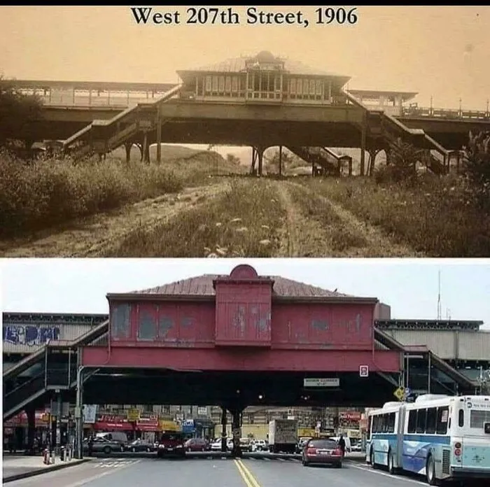 An over-under comparison of West 207th Street in 1906 versus modern day, fascinating photos from American history.