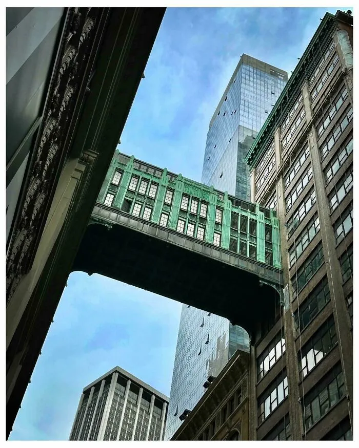 Rare American History photo: An architectural skybridge connects two buildings high above a street.