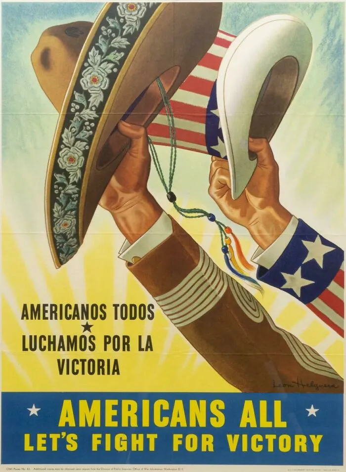 An American history poster depicting two hands holding hats, with the main keyword focusing on American history.