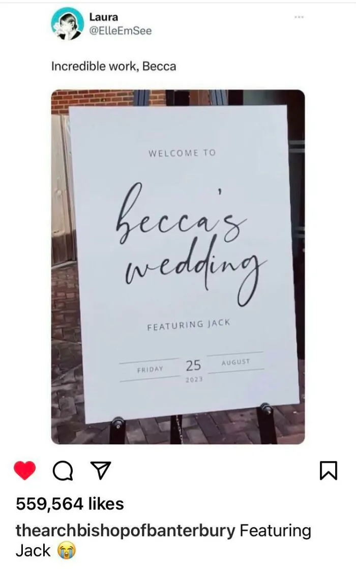 A welcome sign for 'Becca's wedding featuring Jack' with a typo, an example of reasons for little hope for humanity.