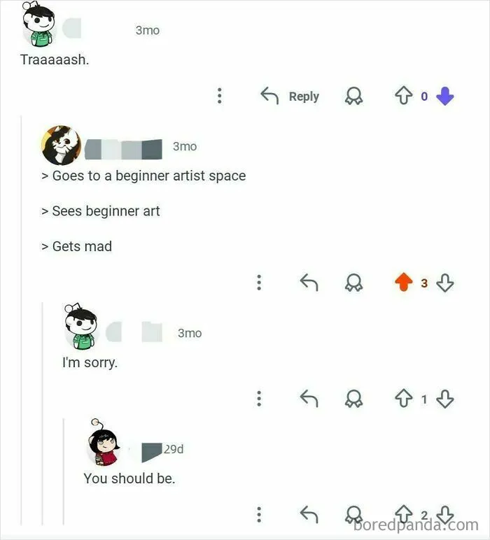 A screenshot of Reddit comments showing unexpected character development from rudeness to apology.