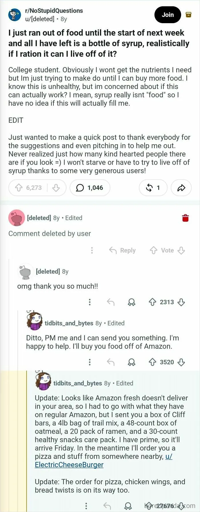 Redditor Orders One Month Worth Of Food To Redditor That Was Left With Only Syrup For A Week