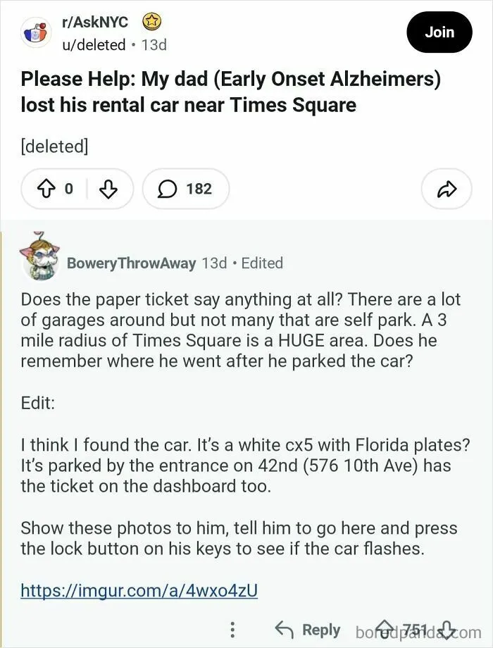 U/Bowerythrowaway Finds Rental Car Lost In NYC By Redditor's Father With Early Onset Alzheimer's