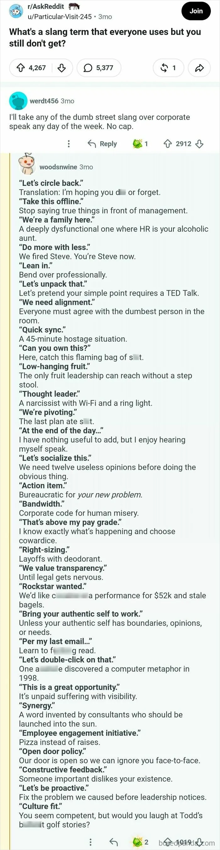 An image of an online post asking about slang everyone uses but still doesn't get, featuring numerous comments.