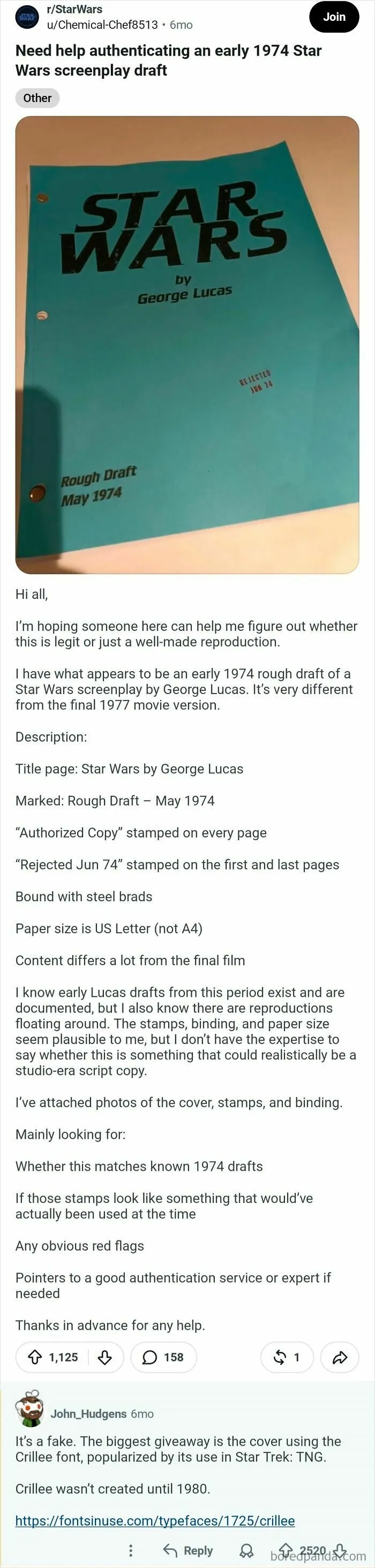 A screenshot of a Reddit post displaying an early 1974 Star Wars screenplay by George Lucas, which is among the comments that should be in the hall of fame.