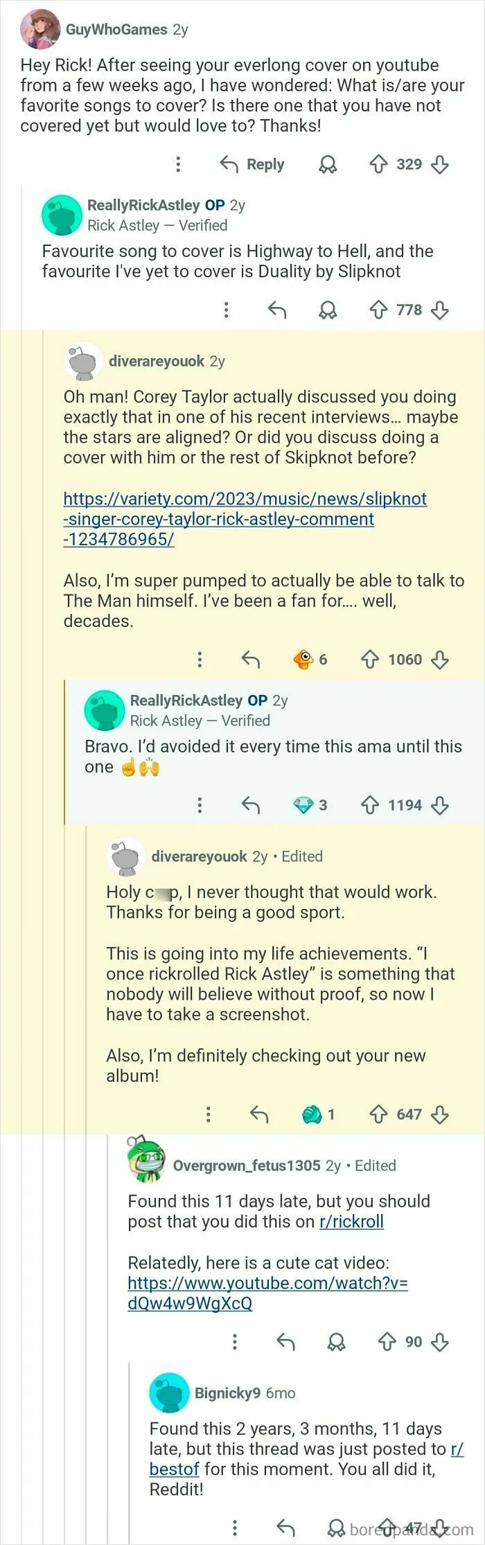 A screenshot of a Reddit post showing various comments about music and Rick Astley, highlighting discussions that should be in the hall of fame.