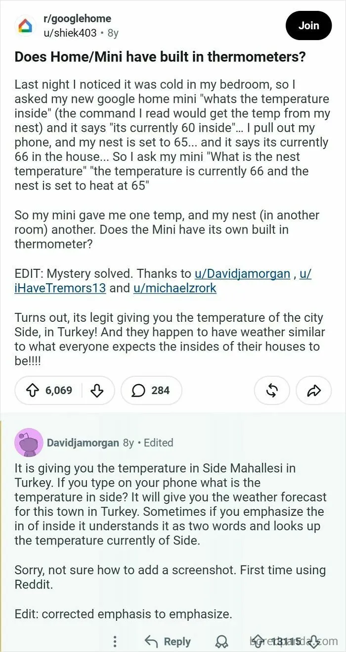 A user asks if Google Home/Mini has built-in thermometers, leading to a Hall of Fame explanation about location-based weather.