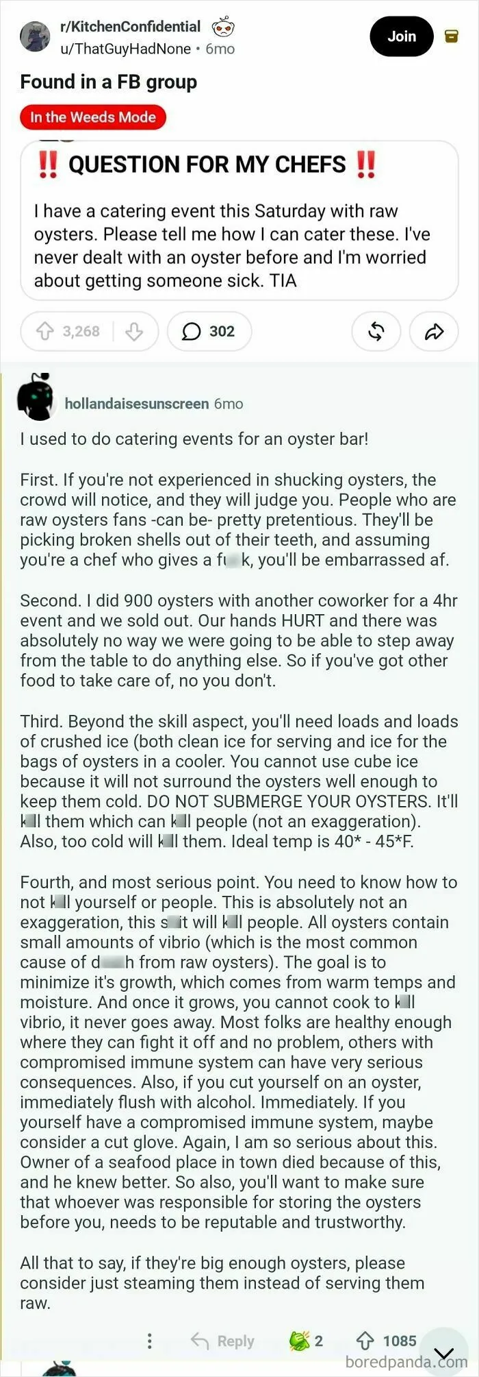 An image of an online post discussing a question about catering an oyster bar with comments.