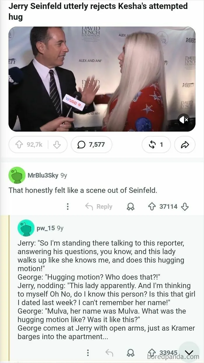 Jerry Seinfeld rejects Kesha's attempted hug, a moment for the comments hall of fame.