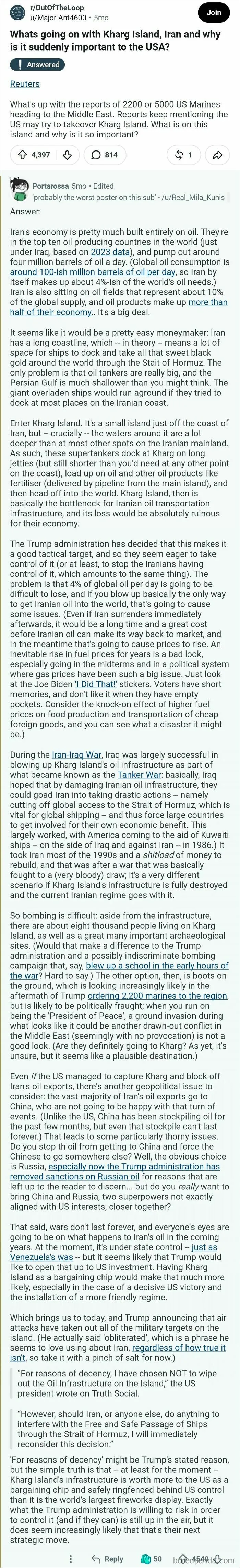 A lengthy Reddit discussion on comments that should be in the Hall of Fame, focusing on the importance of Iran's Kharg Island.