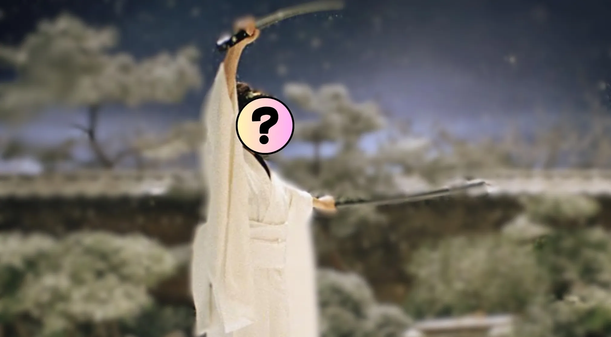 Blurred figure in white kimono with a katana. Guess the villain by their outfit and Kill Bill character.