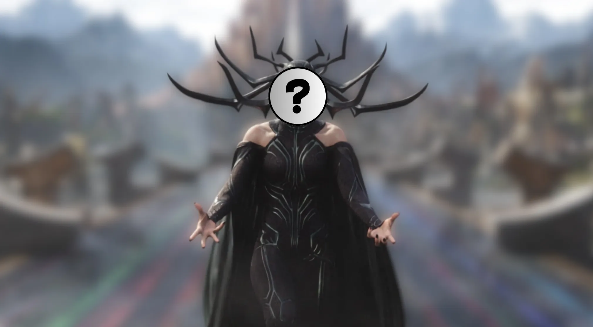 Guess the villain from Thor movie! A female figure in a black outfit, her face obscured by a question mark.